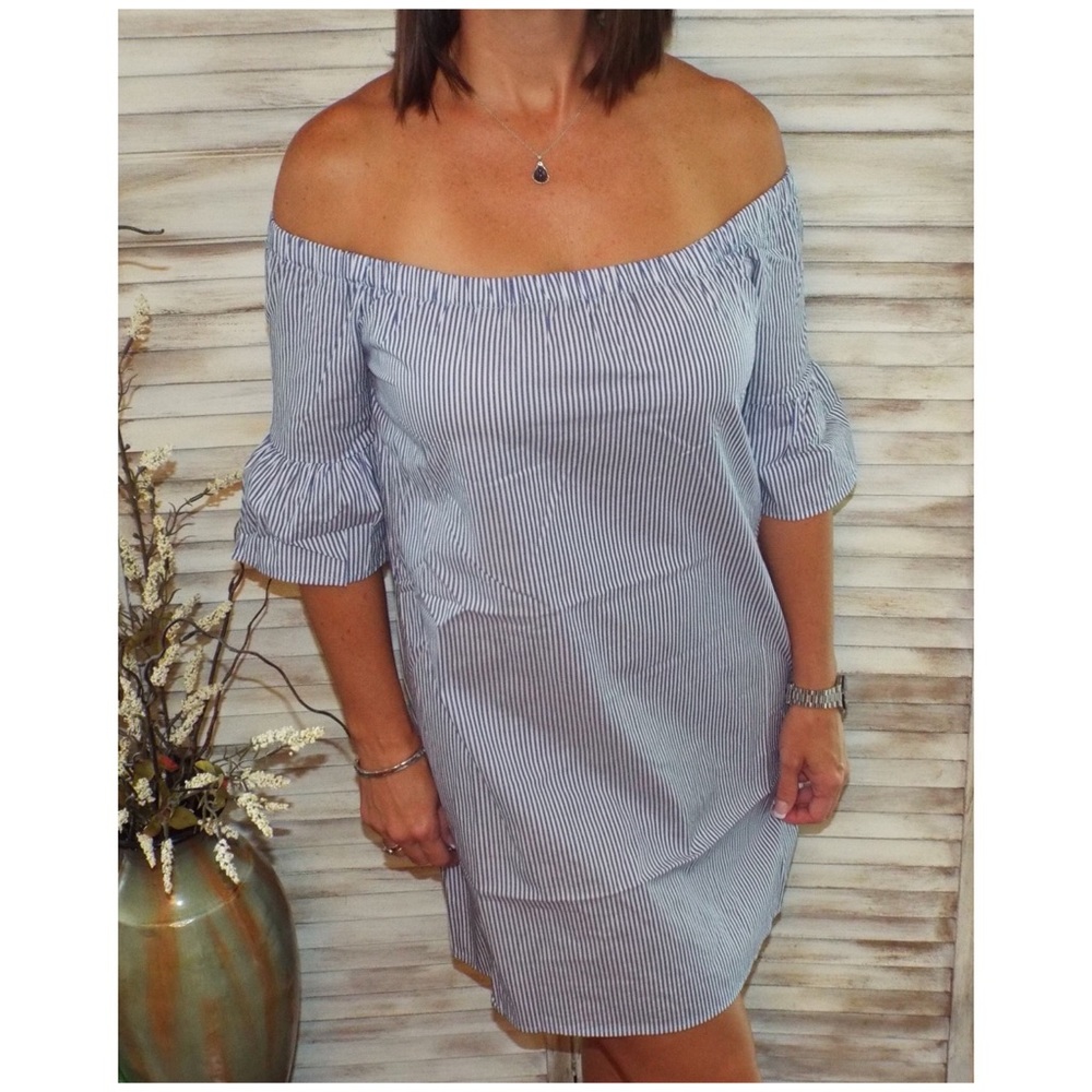 Off Shoulder Pin Striped Dress Blue White 1418 - Picture 5 of 8
